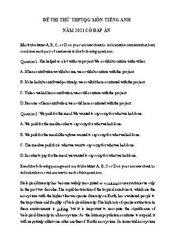 Đề thi thử THPT Quốc gia lần 1 môn Tiếng Anh năm 2021 - Trường THPT Đoàn Thượng (Có đáp án)