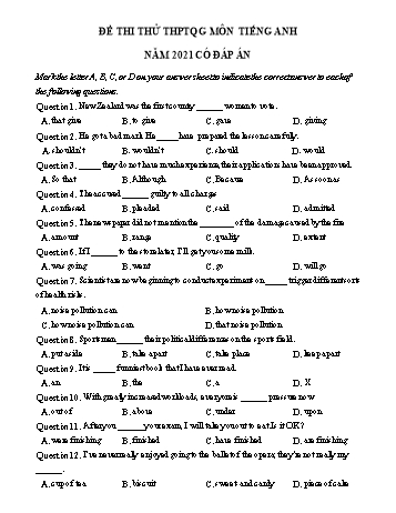 Đề thi thử THPT Quốc gia lần 1 môn Tiếng Anh năm 2021 - Trường THPT Tiên Du (Có đáp án)