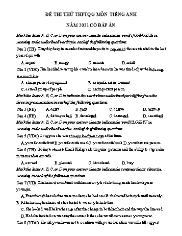 Đề thi thử THPT Quốc gia lần 1 môn Tiếng Anh năm 2021 - Trường THPT chuyên Hưng Yên (Có đáp án)