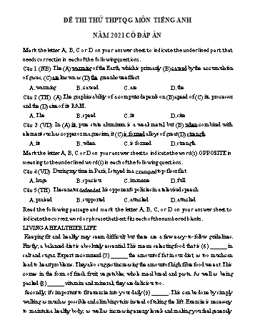 Đề thi thử THPT Quốc gia lần 1 môn Tiếng Anh năm 2021 - Trường THPT chuyên Nguyễn Trãi (Có đáp án)