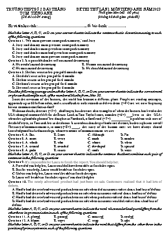 Đề thi thử THPT Quốc gia lần 1 môn Tiếng Anh năm 2023 - Trường THPT Số 2 Bảo Thắng (Có đáp án)