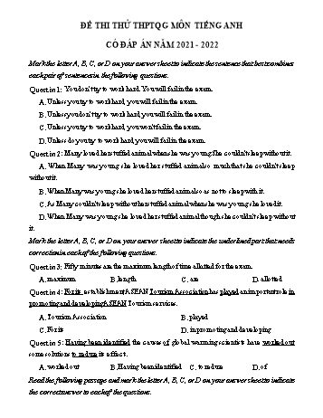 Đề thi thử THPT Quốc gia lần 1 môn Tiếng Anh - Năm học 2021-2022 - Trường THPT Hàn Thuyên (Có đáp án)