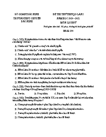 Đề thi thử THPT Quốc gia lần 2 môn Lịch sử - Năm học 2020-2021 - Trường THPT chuyên Bắc Ninh (Có đáp án)