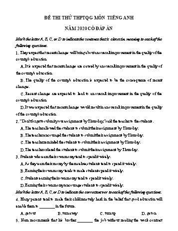 Đề thi thử THPT Quốc gia lần 2 môn Tiếng Anh năm 2020 - Sở GD và ĐT Hà Nội (Có đáp án)