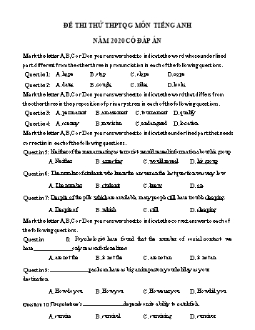 Đề thi thử THPT Quốc gia lần 2 môn Tiếng Anh năm 2020 - Trường THPT Tiên Du số 1 (Có đáp án)