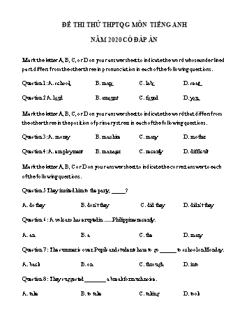Đề thi thử THPT Quốc gia lần 2 môn Tiếng Anh năm 2020 - Trường THPT Quế Võ số 3 (Có đáp án)