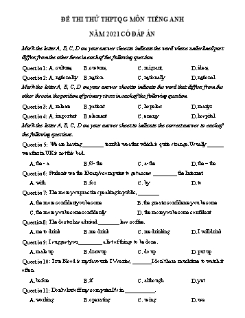 Đề thi thử THPT Quốc gia lần 2 môn Tiếng Anh năm 2021 - Trường THPT Quế Võ (Có đáp án)