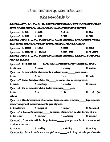 Đề thi thử THPT Quốc gia lần 3 môn Tiếng Anh năm 2020 - Trường THPT chuyên Thái Bình (Có đáp án)