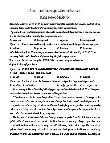 Đề thi thử THPT Quốc gia lần 3 môn Tiếng Anh năm 2020 - Trường THPT Kim Liên (Có đáp án)