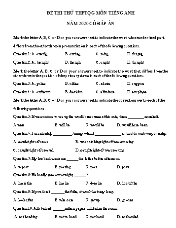 Đề thi thử THPT Quốc gia lần 3 môn Tiếng Anh năm 2020 - Trường THPT Quang Hà