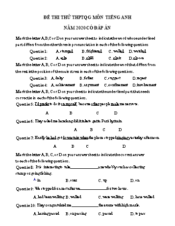 Đề thi thử THPT Quốc gia lần 3 môn Tiếng Anh năm 2020 - Trường THPT Triệu Sơn 1 (Có đáp án)