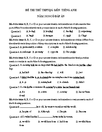 Đề thi thử THPT Quốc gia lần 3 môn Tiếng Anh năm 2020 - Trường THPT Phạm Công Bình (Có đáp án)