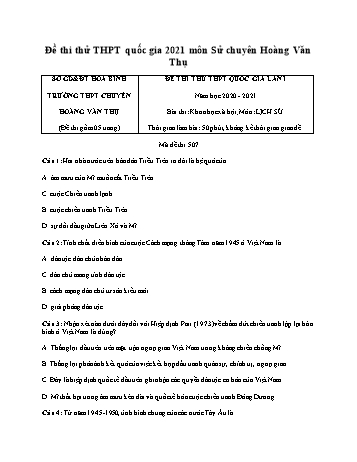 Đề thi thử THPT Quốc gia môn Lịch sử năm 2021 - Mã đề 507 - Trường THPT chuyên Hoàng Văn Thụ (Có đáp án)