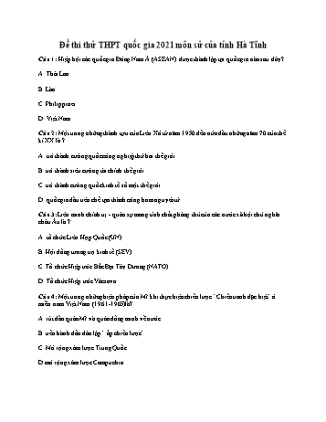 Đề thi thử THPT Quốc gia môn Lịch sử năm 2021 - Sở GD và ĐT Hà Tĩnh (Có đáp án)