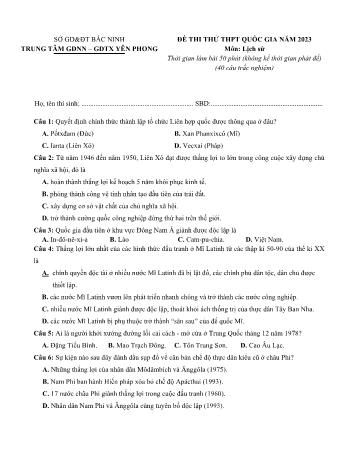 Đề thi thử THPT Quốc gia môn Lịch sử năm 2023 - Trung tâm GDNN - GDTX Yên Phong (Có đáp án)