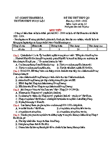 Đề thi thử THPT Quốc gia môn Lịch sử - Năm học 2020-2021 - Trường THPT Ngọc Lặc (Có đáp án)