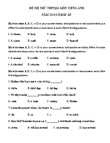 Đề thi thử THPT Quốc gia môn Tiếng Anh năm 2020 - Trường THPT Nguyễn Đức Cảnh (Có đáp án)