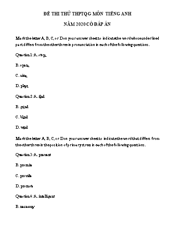 Đề thi thử THPT Quốc gia môn Tiếng Anh năm 2020 - Trường THPT chuyên Phan Ngọc Hiển (Có đáp án)
