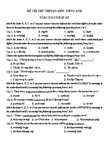 Đề thi thử THPT Quốc gia môn Tiếng Anh năm 2020 - Trường THPT Đồng Đậu (Có đáp án)
