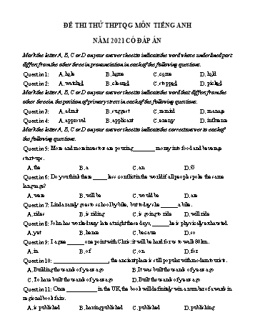 Đề thi thử THPT Quốc gia môn Tiếng Anh năm 2021 (Có đáp án)