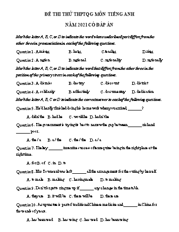 Đề thi thử THPT Quốc gia môn Tiếng Anh năm 2021 - Đề số 10 (Có đáp án)