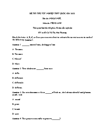Đề thi thử THPT Quốc gia môn Tiếng Anh năm 2022 - Vũ Thị Mai Phương (Có đáp án)