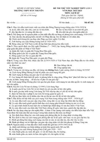 Đề thi thử Tốt nghiệp THPT lần 1 môn Lịch sử - Mã đề 101 - Năm học 2022-2023 - Trường THPT Hàn Thuyên (Có đáp án)