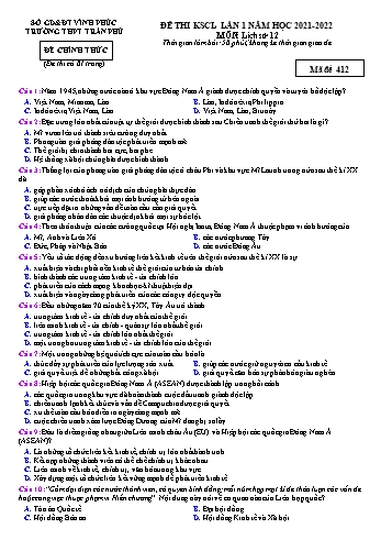Đề thi thử Tốt nghiệp THPT lần 1 môn Lịch sử - Mã đề 412 - Năm học 2021-2022 - Trường THPT Trần Phú (Có đáp án)
