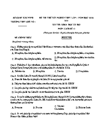 Đề thi thử Tốt nghiệp THPT lần 1 môn Lịch sử - Mã đề 981 - Năm học 2020-2021 - Trường THPT Quế Võ 1 (Có đáp án)