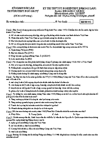 Đề thi thử Tốt nghiệp THPT lần 1 môn Lịch sử năm 2022 - Mã đề 001 - Trường THPT Ngô Gia Tự (Có đáp án)