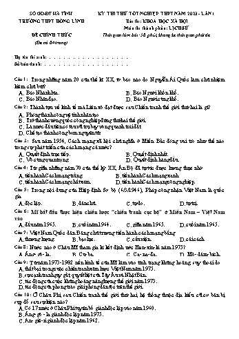 Đề thi thử Tốt nghiệp THPT lần 1 môn Lịch sử năm 2023 - Trường THPT Hồng Lĩnh (Có đáp án)