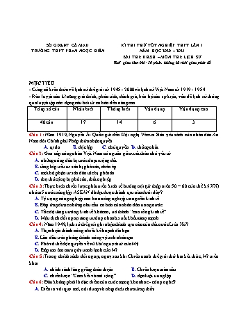 Đề thi thử Tốt nghiệp THPT lần 1 môn Lịch sử - Năm học 2020-2021 - Trường THPT Phan Ngọc Hiển (Có đáp án)