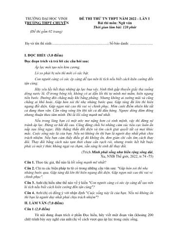 Đề thi thử Tốt nghiệp THPT lần 1 môn Ngữ văn năm 2022 - Trường THPT chuyên Đại học Vinh (Có đáp án)