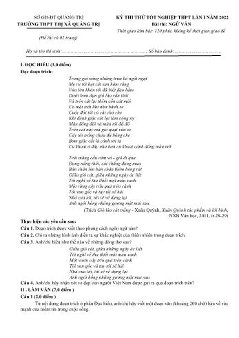 Đề thi thử Tốt nghiệp THPT lần 1 môn Ngữ văn năm 2022 - Trường THPT Thị xã Quảng Trị (Có đáp án)