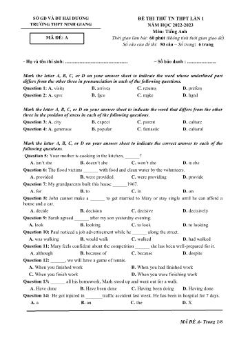 Đề thi thử Tốt nghiệp THPT lần 1 môn Tiếng Anh - Mã đề A - Năm học 2022-2023 - Trường THPT Ninh Giang