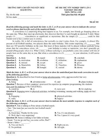Đề thi thử Tốt nghiệp THPT lần 1 môn Tiếng Anh năm 2022 - Mã đề 101 - Trường THPT chuyên Nguyễn Trãi