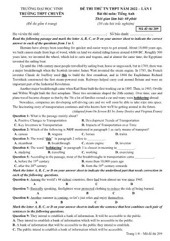 Đề thi thử Tốt nghiệp THPT lần 1 môn Tiếng Anh năm 2022 - Mã đề 209 - Trường THPT chuyên Đại học Vinh