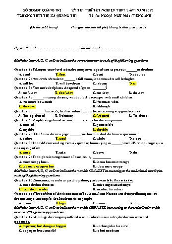 Đề thi thử Tốt nghiệp THPT lần 1 môn Tiếng Anh năm 2022 - Trường THPT Thị xã Quảng Trị (Có đáp án)
