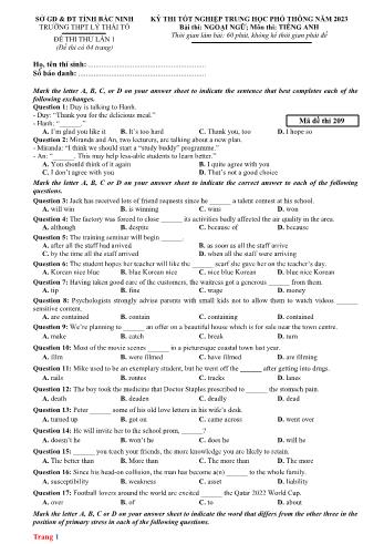 Đề thi thử Tốt nghiệp THPT lần 1 môn Tiếng Anh năm 2023 - Mã đề 209 - Trường THPT Lý Thái Tổ (Có đáp án)