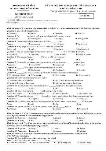 Đề thi thử Tốt nghiệp THPT lần 1 môn Tiếng Anh năm 2023 - Mã đề 001 - Trường THPT Hồng Lĩnh
