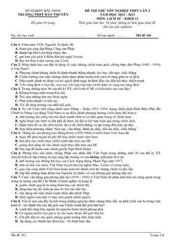 Đề thi thử Tốt nghiệp THPT lần 2 môn Lịch sử - Mã đề 101 - Năm học 2022-2023 - Trường THPT Hàn Thuyên (Có đáp án)
