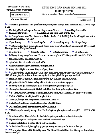 Đề thi thử Tốt nghiệp THPT lần 2 môn Lịch sử - Mã đề 412 - Năm học 2021-2022 - Trường THPT Trần Phú (Có đáp án)