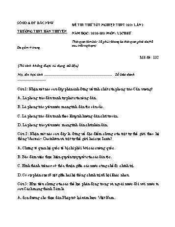 Đề thi thử Tốt nghiệp THPT lần 2 môn Lịch sử năm 2021 - Trường THPT Hàn Thuyên (Có đáp án)