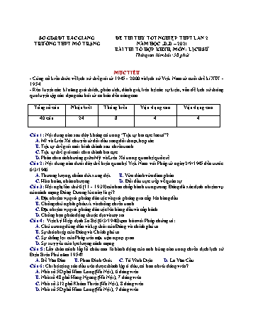 Đề thi thử Tốt nghiệp THPT lần 2 môn Lịch sử - Năm học 2020-2021 - Trường THPT Mỏ Trạng (Có đáp án)