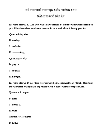 Đề thi thử Tốt nghiệp THPT lần 2 môn Tiếng Anh năm 2020 - Trường THPT Thị xã Quảng Trị (Có đáp án)