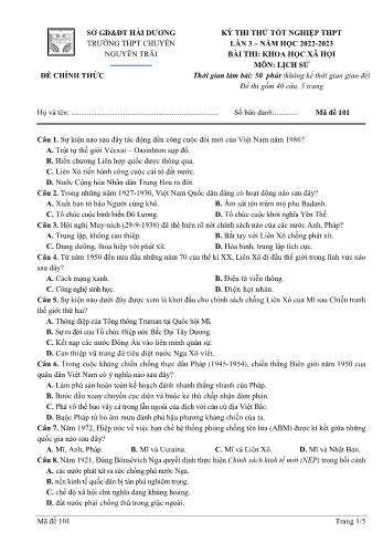 Đề thi thử Tốt nghiệp THPT lần 3 môn Lịch sử - Mã đề 101 - Năm học 2022-2023 - Trường THPT chuyên Nguyễn Trãi (Có đáp án)