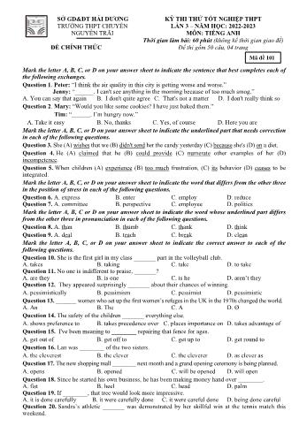 Đề thi thử Tốt nghiệp THPT lần 3 môn Tiếng Anh - Mã đề 101 - Năm học 2022-2023 - Trường THPT chuyên Nguyễn Trãi