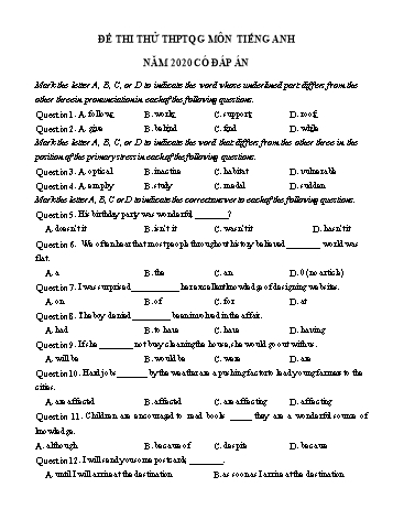 Đề thi thử Tốt nghiệp THPT lần 3 môn Tiếng Anh năm 2020 - Trường THPT Trần Nhân Tông (Có đáp án)