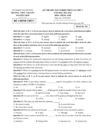 Đề thi thử Tốt nghiệp THPT lần 3 môn Tiếng Anh năm 2022 - Mã đề 301 - Trường THPT chuyên Nguyễn Trãi