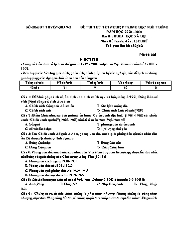 Đề thi thử Tốt nghiệp THPT môn Lịch sử - Mã đề 005 - Năm học 2020-2021 - Sở GD và ĐT Tuyên Quang (Có đáp án)